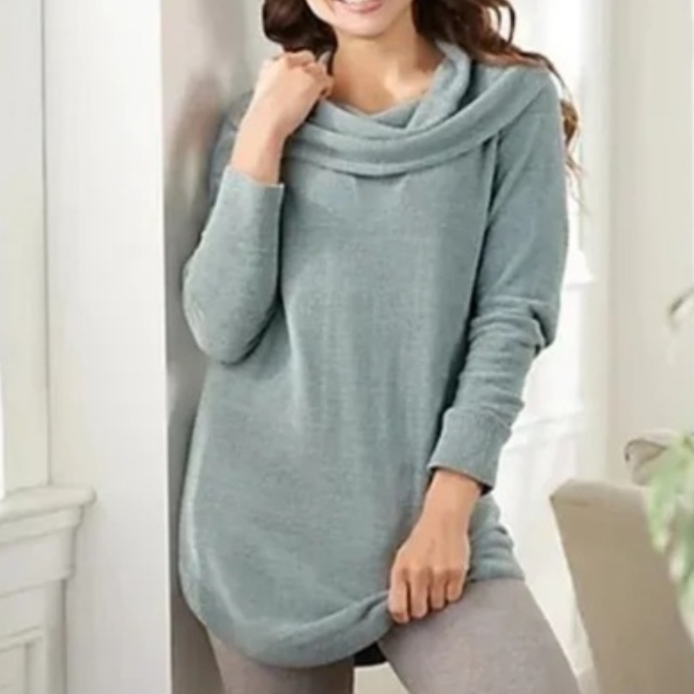 Barefoot Dreams Cozychic Ultra Lite Coastal Cowl Neck Tunic Faded Jade Green